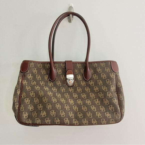 Dooney & Bourke Signature Jacquard Brown Tan Logo Canvas Satchel Purse Classic M - Picture 1 of 12
